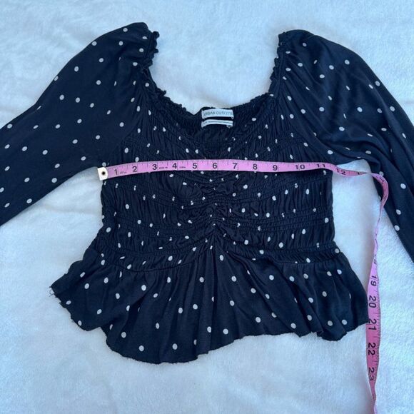 Urban Outfitters Black Polka Dot Smocked Long Sleeve Crop Top - Picture 9 of 10